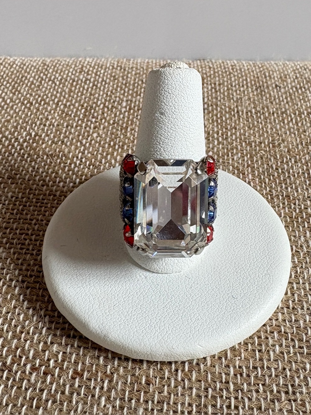 Sorrelli Clear Crystal Cocktail Ring with Orange and Royal Blue Accents